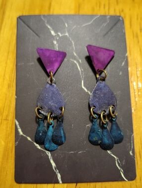 Vintage 90s Multi Color Metal Dangle Earrings Purple Teal Blue Geometric 2" Drop
